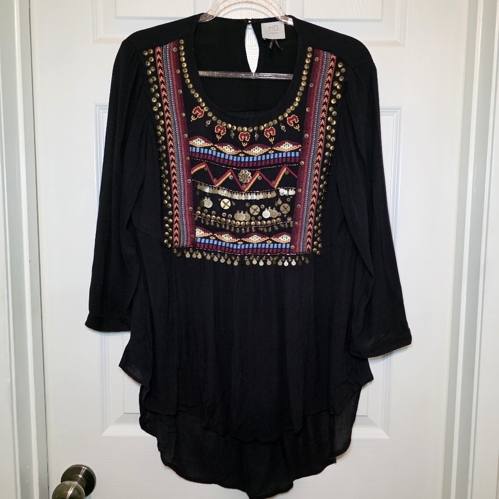Anthropologie HD in Paris Top Black Embroidered Beaded 3/4 Sleeve Blouse  Size 8